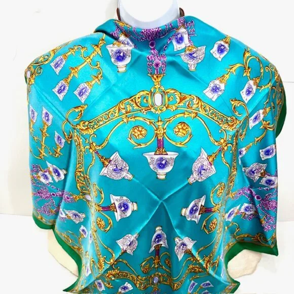 Unused TRUSSARDI 100% SILK Lg SCARF 34" Teal Green Gold Glass Purple (40 - Picture 3 of 13